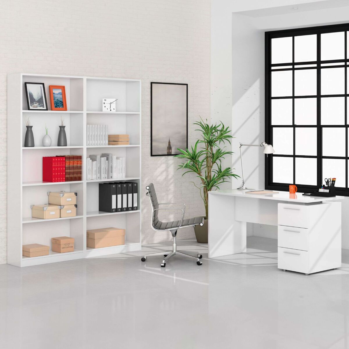 Pacote de escritório em estilo contemporâneo em branco com 2 prateleiras e 1 mesa