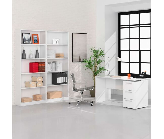 Pacote de escritório em estilo contemporâneo em branco com 2 prateleiras e 1 mesa