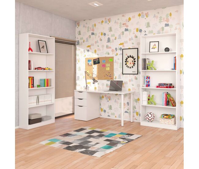 Pacote de escritório em estilo contemporâneo em branco com 2 prateleiras e 1 mesa