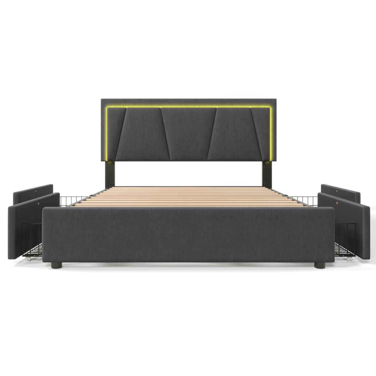 Cama estofada 140x200cm em linho - com 2 gavetas + led + estrado - cinzento