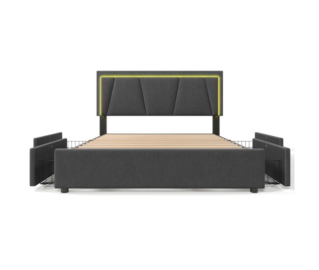 Cama estofada 140x200cm em linho - com 2 gavetas + led + estrado - cinzento