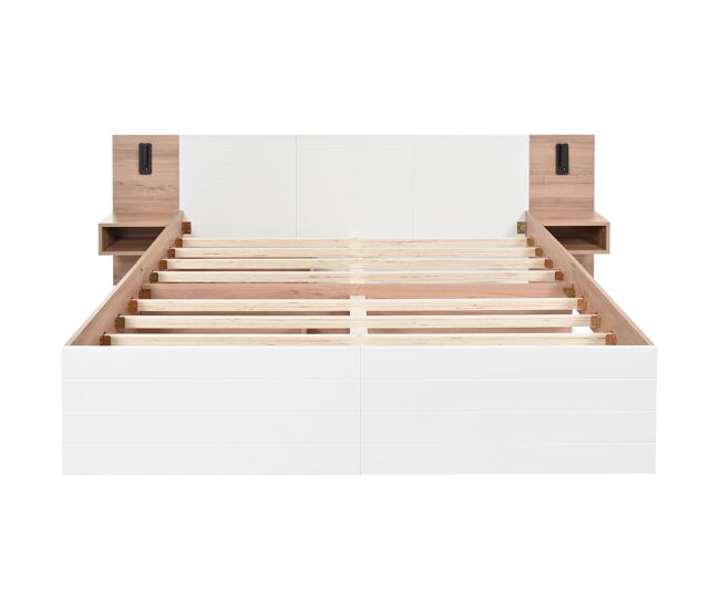 Cama de casal 160x200 cm em madeira - com 2 mesas de cabeceira e 2 gavetas - 2 luzes de leitura giratórias com tomada usb - branco e natural (colchão
