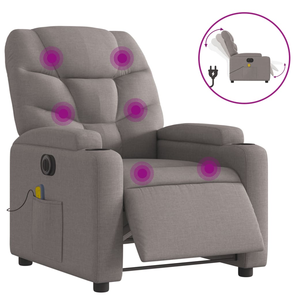 Vidaxl poltrona reclinável massagens elétrica tecido cinza-acastanhado