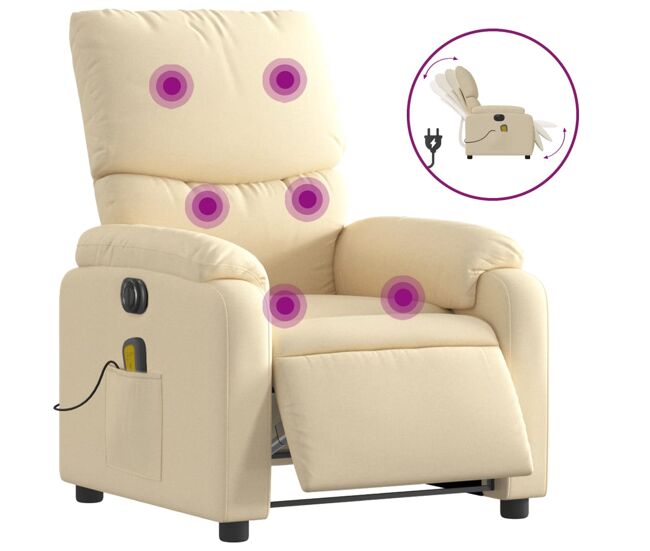 Vidaxl poltrona de massagens reclinável elétrica tecido creme