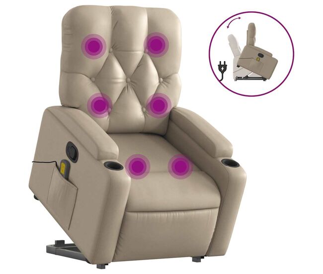 Vidaxl poltrona massagens reclinável elevatória couro art. cappuccino