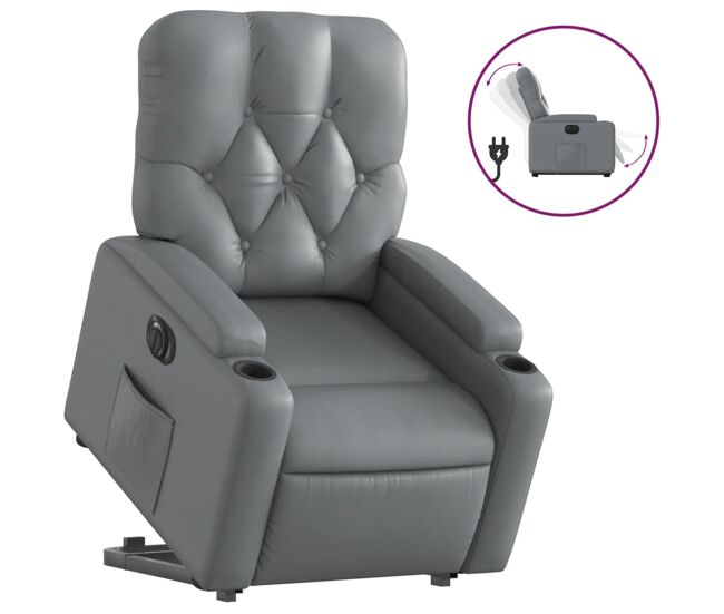 Vidaxl poltrona reclinável elevatória elétrica couro artif. cinzento
