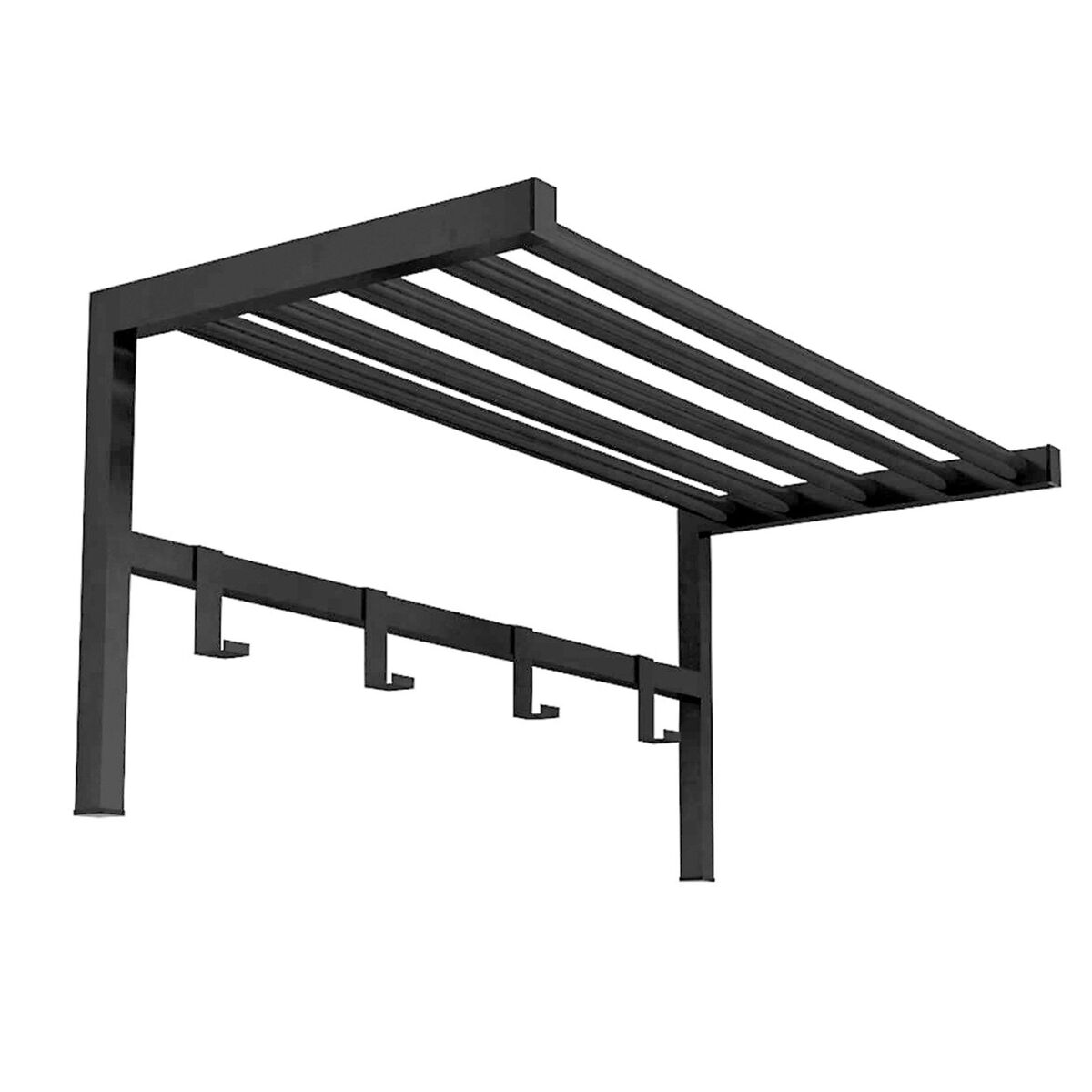 Cabideiro de parede com 4 ganchos e prateleira em metal preto 69x33x34 cm