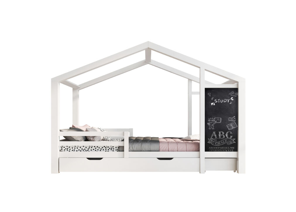 Cama de criança,cama-casa de madeira de pinho 90x200cm com 2 gavetas,branco
