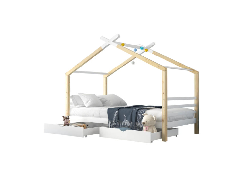 Cama de criança,cama-casa de madeira de pinho 90x200cm com 2 gavetas,branco+madeira