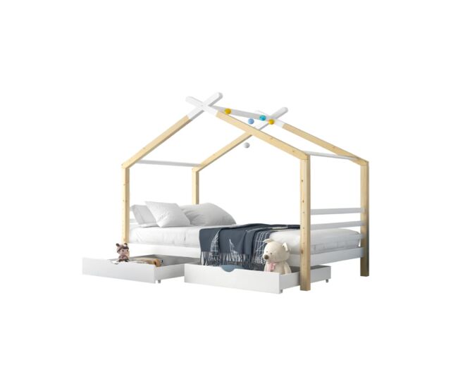 Cama de criança,cama-casa de madeira de pinho 90x200cm com 2 gavetas,branco+madeira