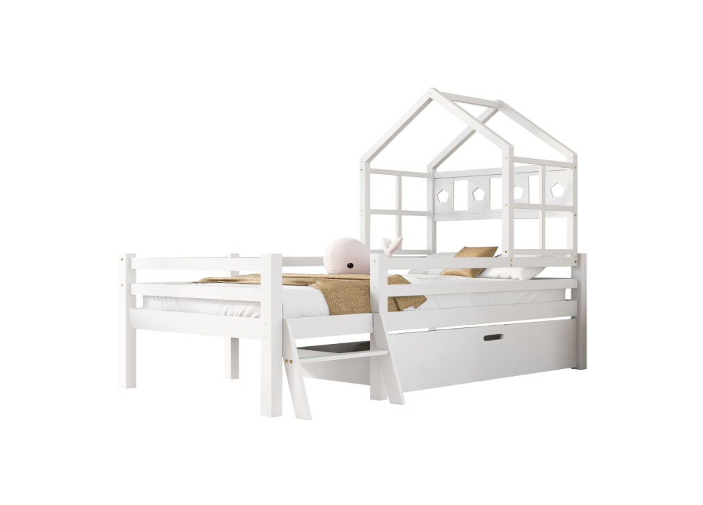 Cama de criança,cama alta,cama-casa de madeira de pinho 90x200cm com 1 gaveta,branco