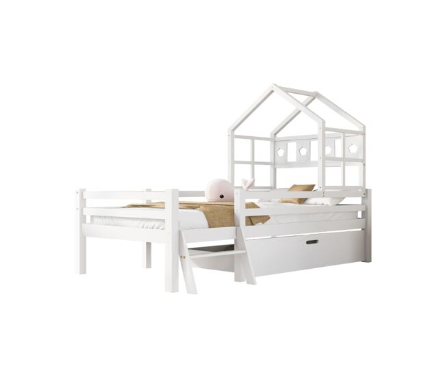 Cama de criança,cama alta,cama-casa de madeira de pinho 90x200cm com 1 gaveta,branco