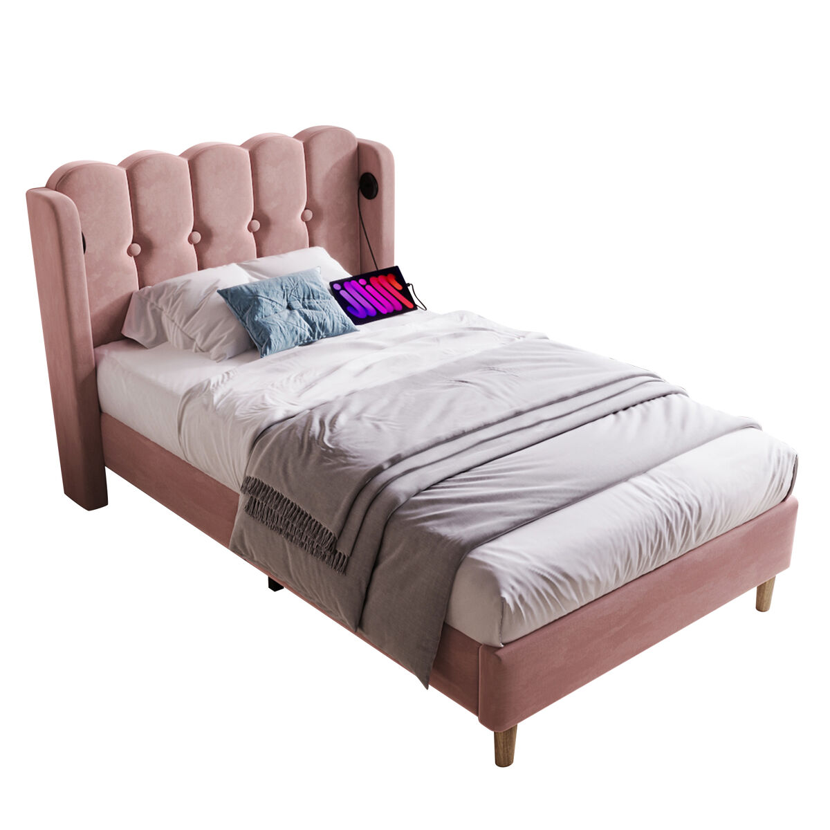 Cama juvenil,cama de solteiro de veludo 90x200cm,rosa