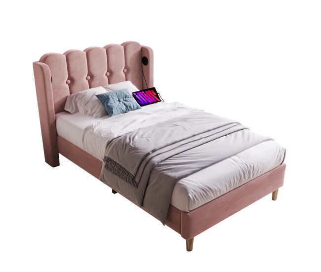 Cama juvenil,cama de solteiro de veludo 90x200cm,rosa