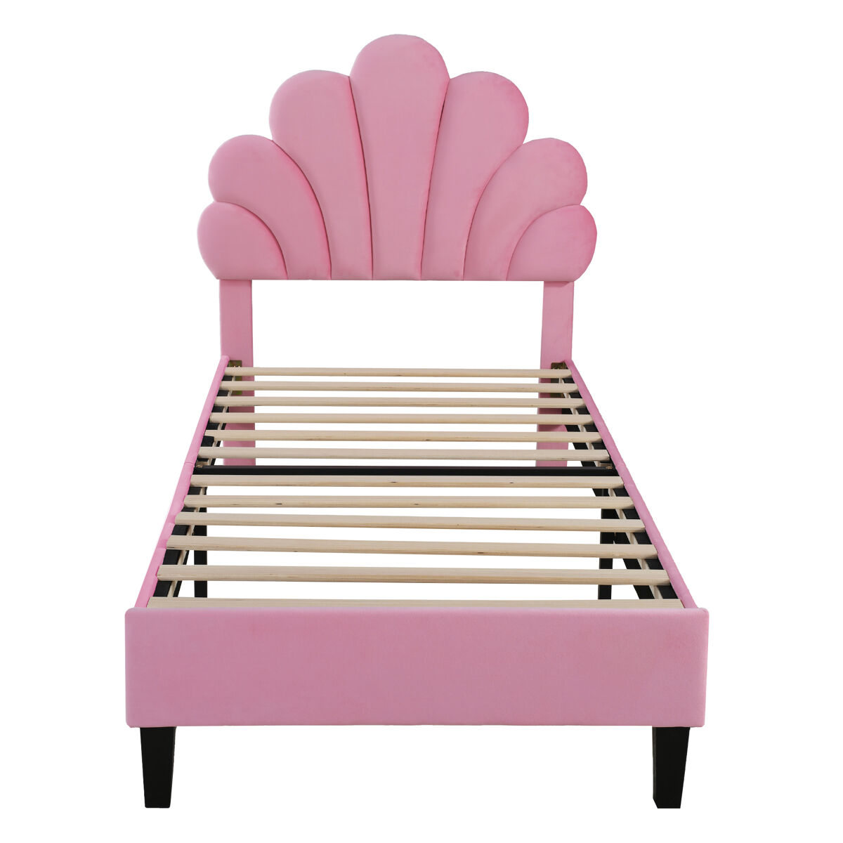 Cama individual estofada em veludo - 90x200cm - cabeceira em forma de flor - com estrado de ripas - rosa