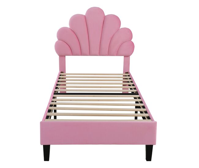 Cama individual estofada em veludo - 90x200cm - cabeceira em forma de flor - com estrado de ripas - rosa