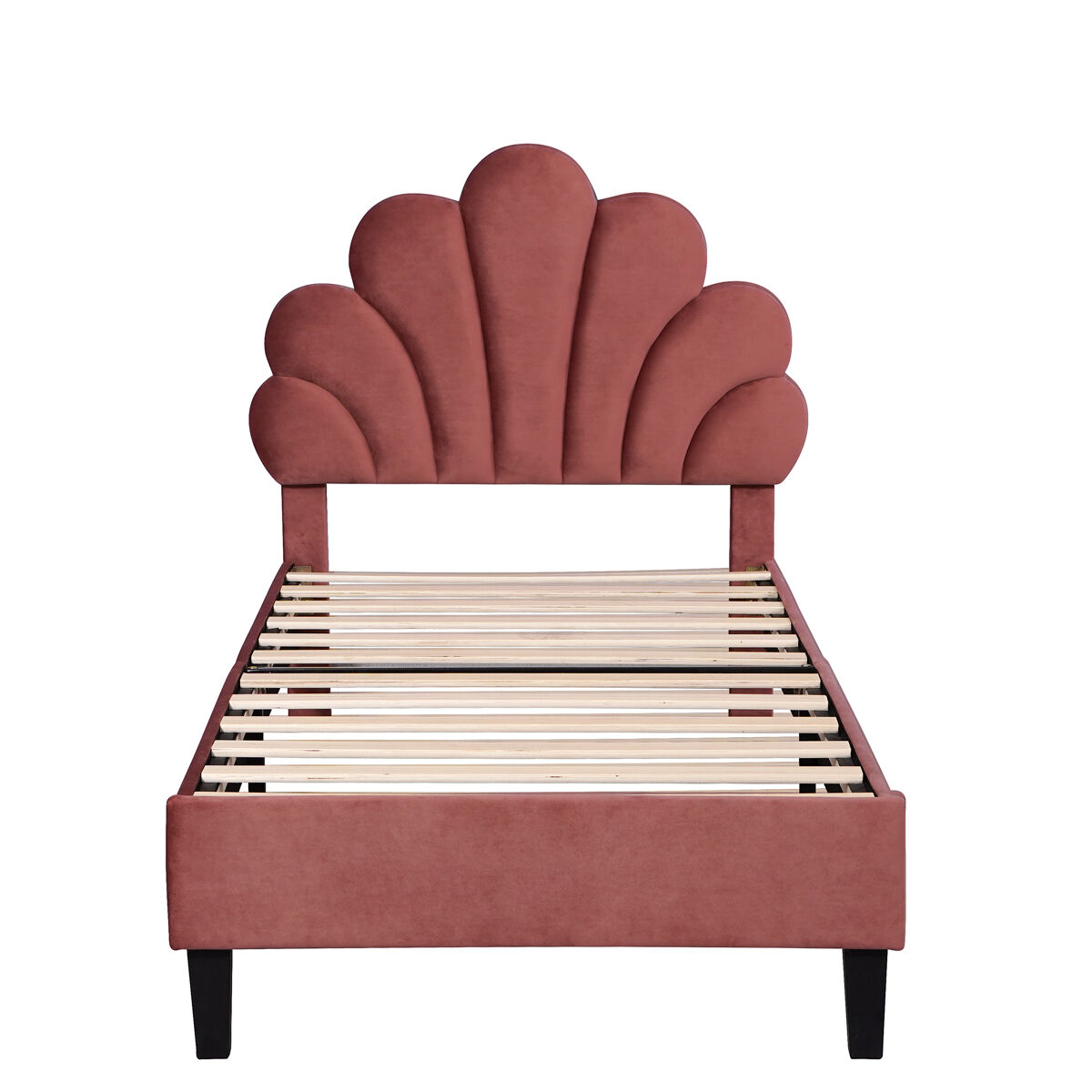 Cama individual estofada em veludo - 90x200cm - cabeceira em forma de flor - com estrado de ripas - vermelho