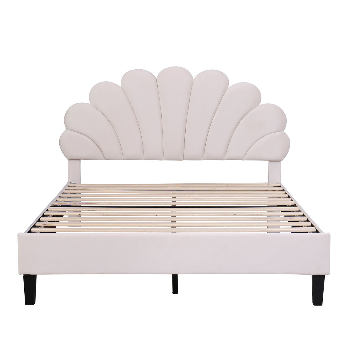 Cama de casal estofada em veludo - 140x200cm - cabeceira em forma de flor - com estrado de molas - bege