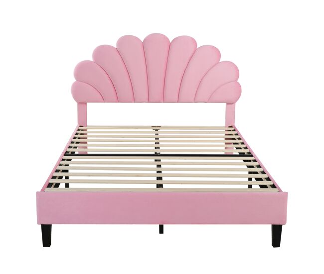 Cama de casal estofada em veludo - 140x200cm - cabeceira em forma de flor - com estrado de ripas - rosa