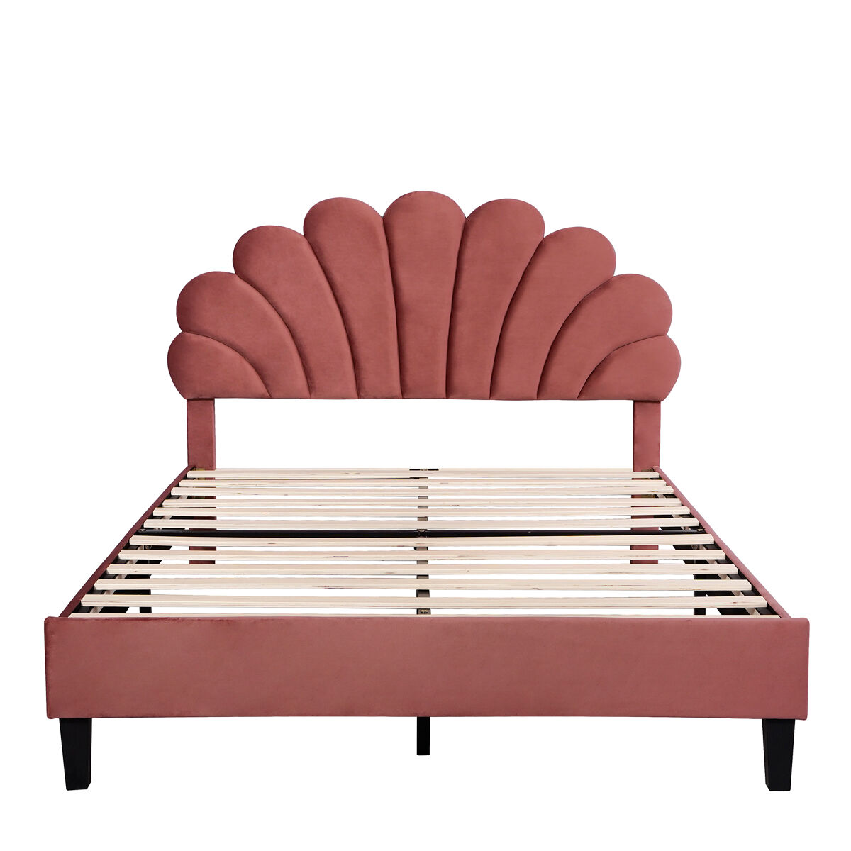 Cama de casal estofada em veludo - 140x200cm - cabeceira em forma de flor - com estrado de ripas - vermelho