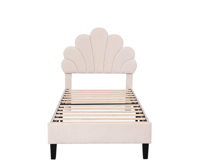 Cama individual estofada em veludo - 90x200cm - cabeceira em forma de flor - com estrado - bege