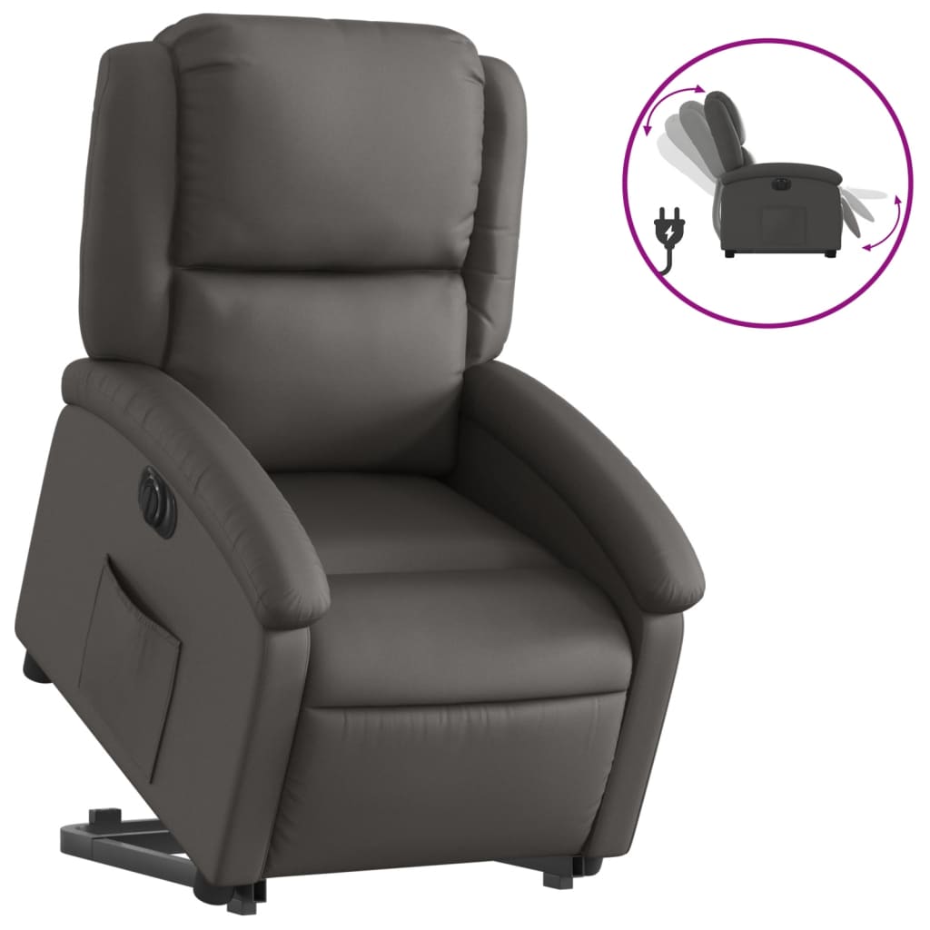 Vidaxl poltrona reclinável elevatória elétrica couro genuíno cinzento