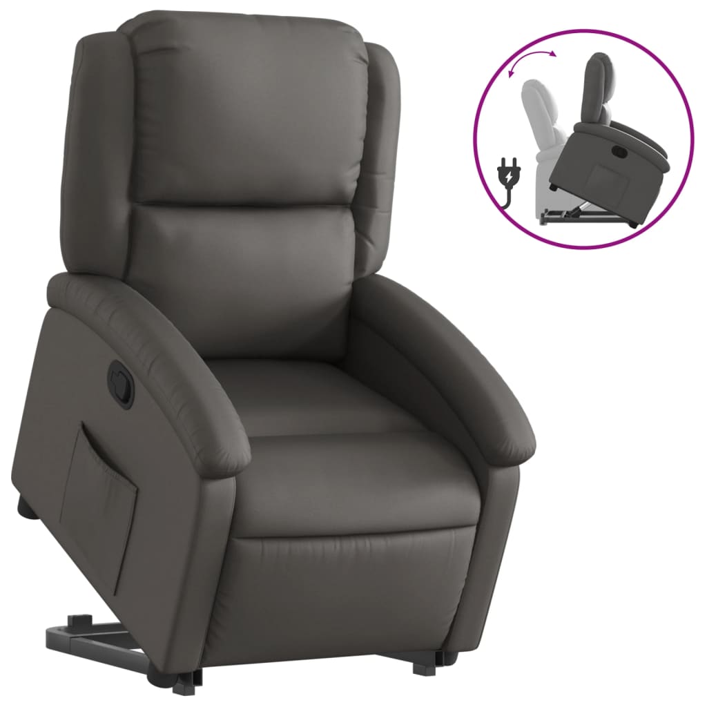 Vidaxl poltrona reclinável elevatória couro genuíno cinzento