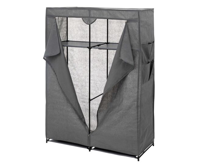 Guarda-roupa auxiliar de tecido com 2 prateleiras e bolsos, cinza, 110x155 cm