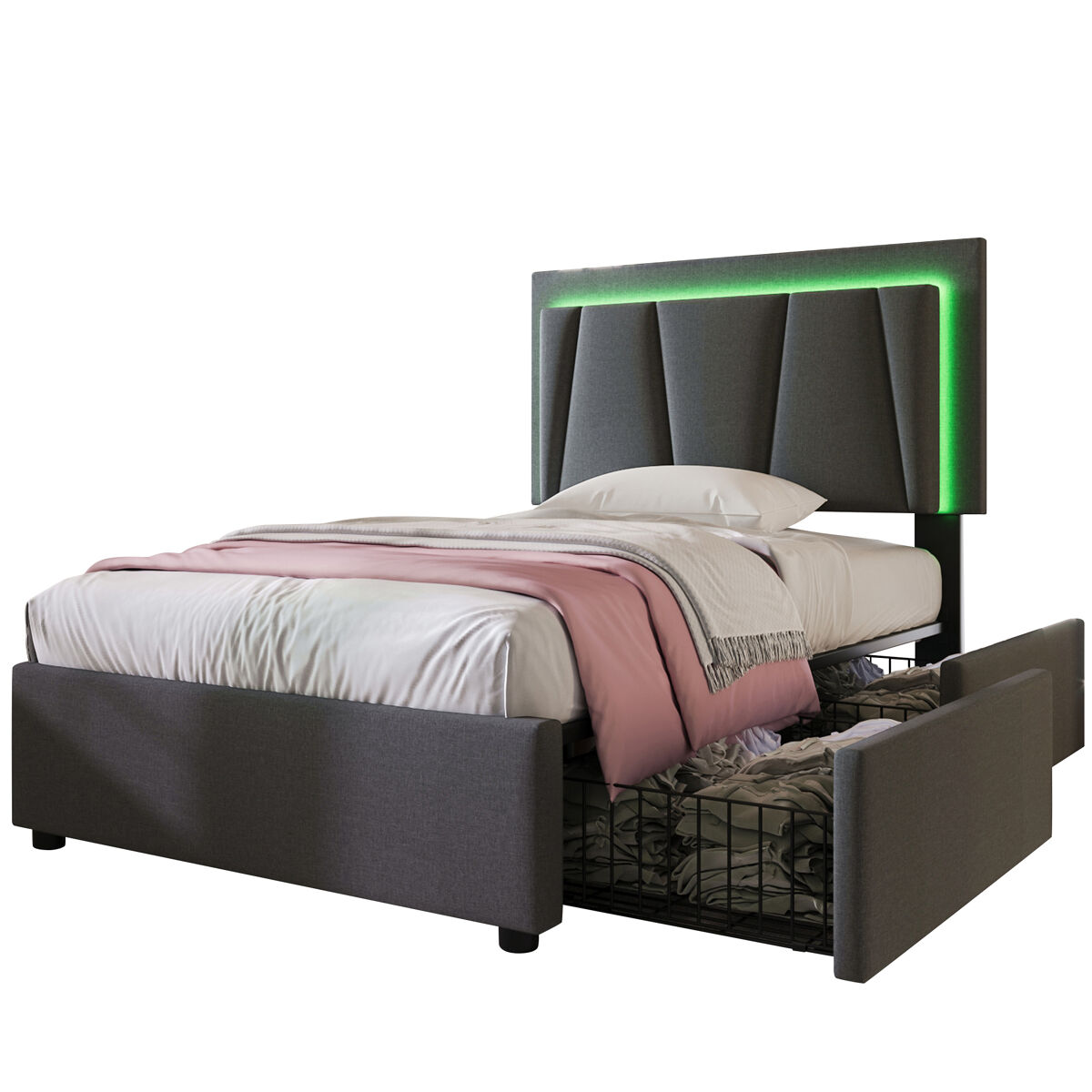 Cama de solteiro de madeira maciça 90x200cm com 2 gavetas e luz led,cinzento