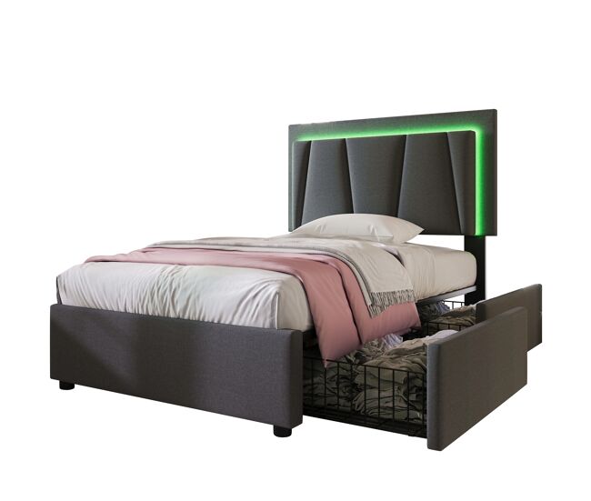 Cama de solteiro de madeira maciça 90x200cm com 2 gavetas e luz led,cinzento