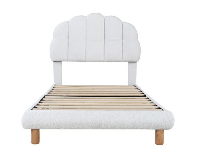 Cama de solteiro para criança 90x200cm estofada em tecido felpudo francês - cabeceira em forma de marshmallow - com estrado de ripas em mdf - branco