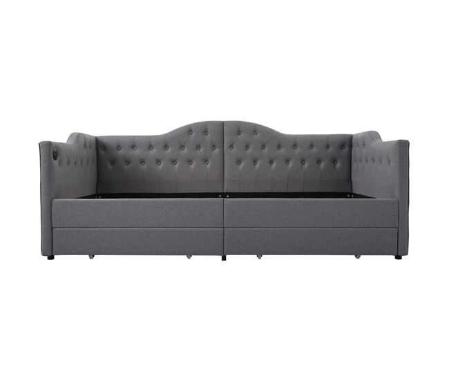 Cama de solteiro de linho 90x190cm com 2 gavetas,cinzento