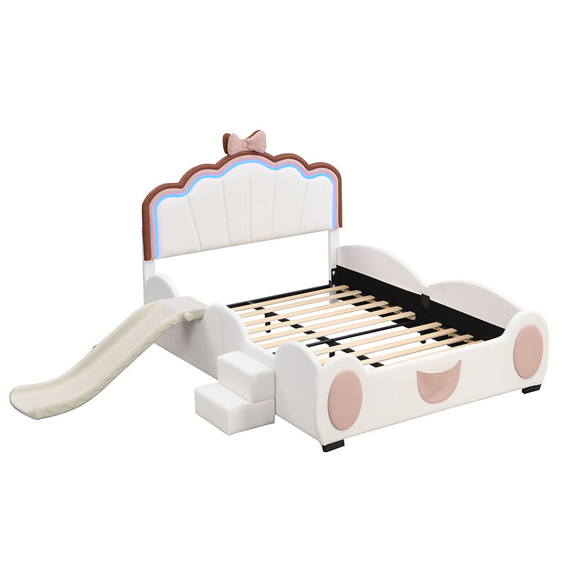 Cama de enfant em pele sintética 140x200 cm - com escorrega e escada - com led e controlo remoto - rosa