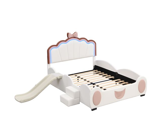 Cama de enfant em pele sintética 140x200 cm - com escorrega e escada - com led e controlo remoto - rosa