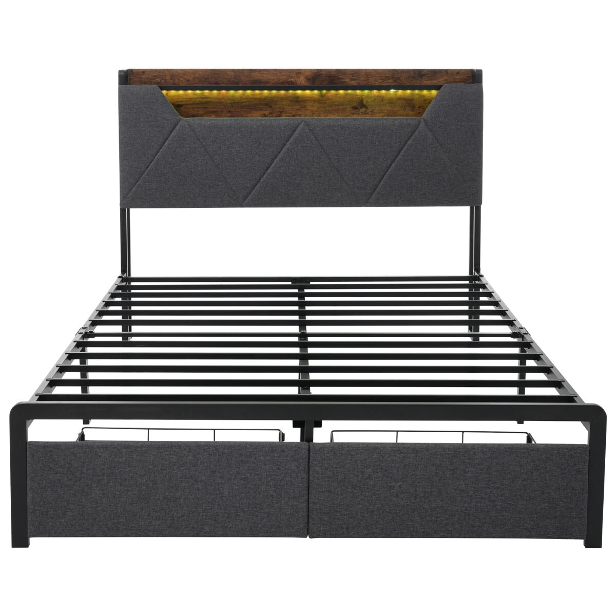 Cama com gaveta 140x200cm estofada em tecido de linho - com led e portas de carregamento - cinzento