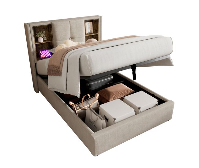 Cama de solteiro de linho 90x200cm com armazenamento,cinzento