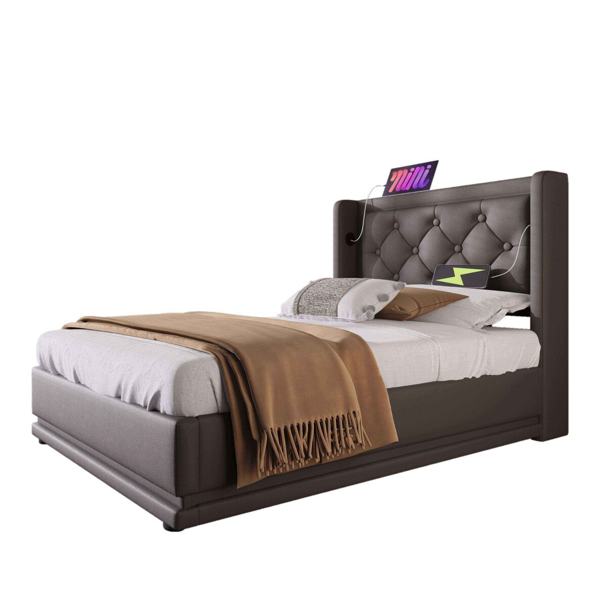 Cama de solteiro de pu 90x200cm com armazenamento,luz led,preto