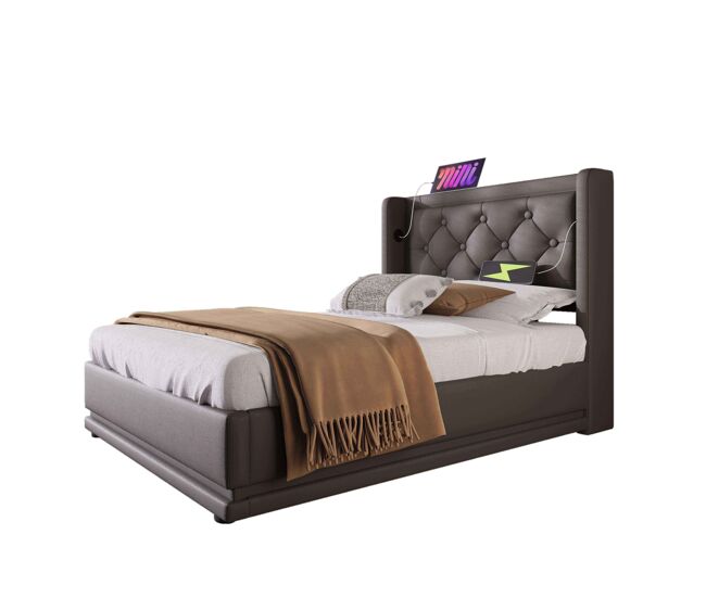 Cama de solteiro de pu 90x200cm com armazenamento,luz led,preto