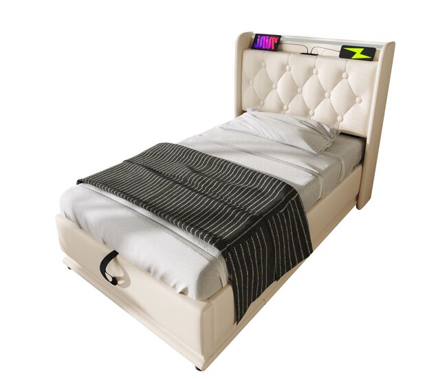 Cama de solteiro de poliuretano 90x200cm com armazenamento,luz led,branco
