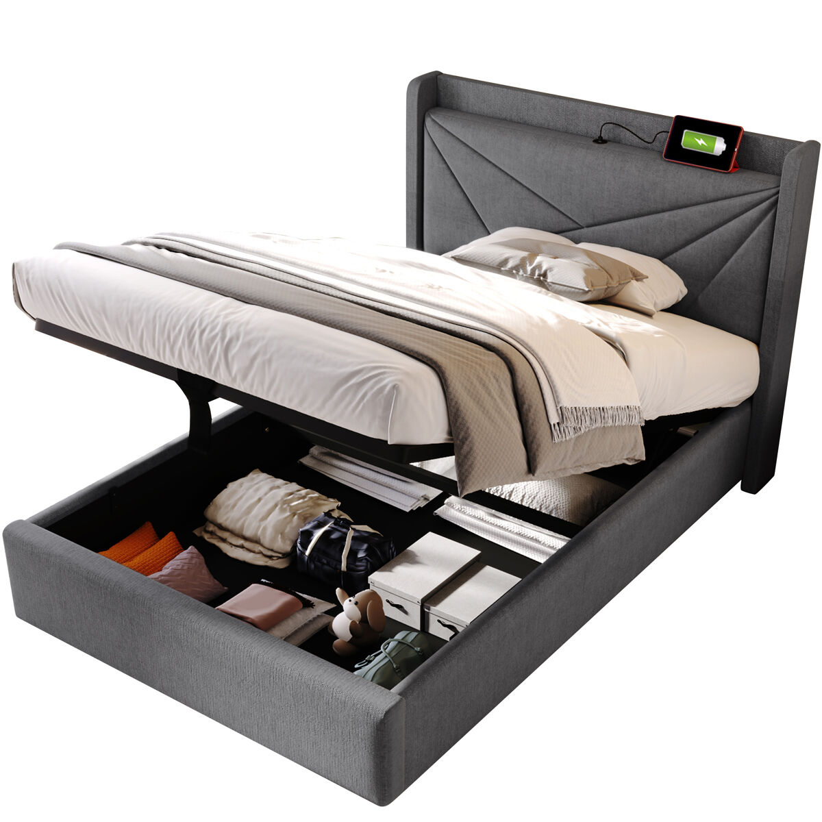 Cama de solteiro de linho 90x200cm com armazenamento,cinzento