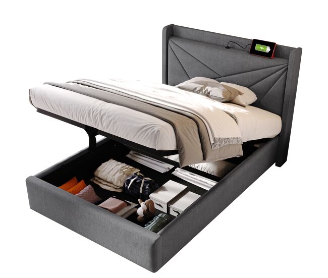 Cama de solteiro de linho 90x200cm com armazenamento,cinzento