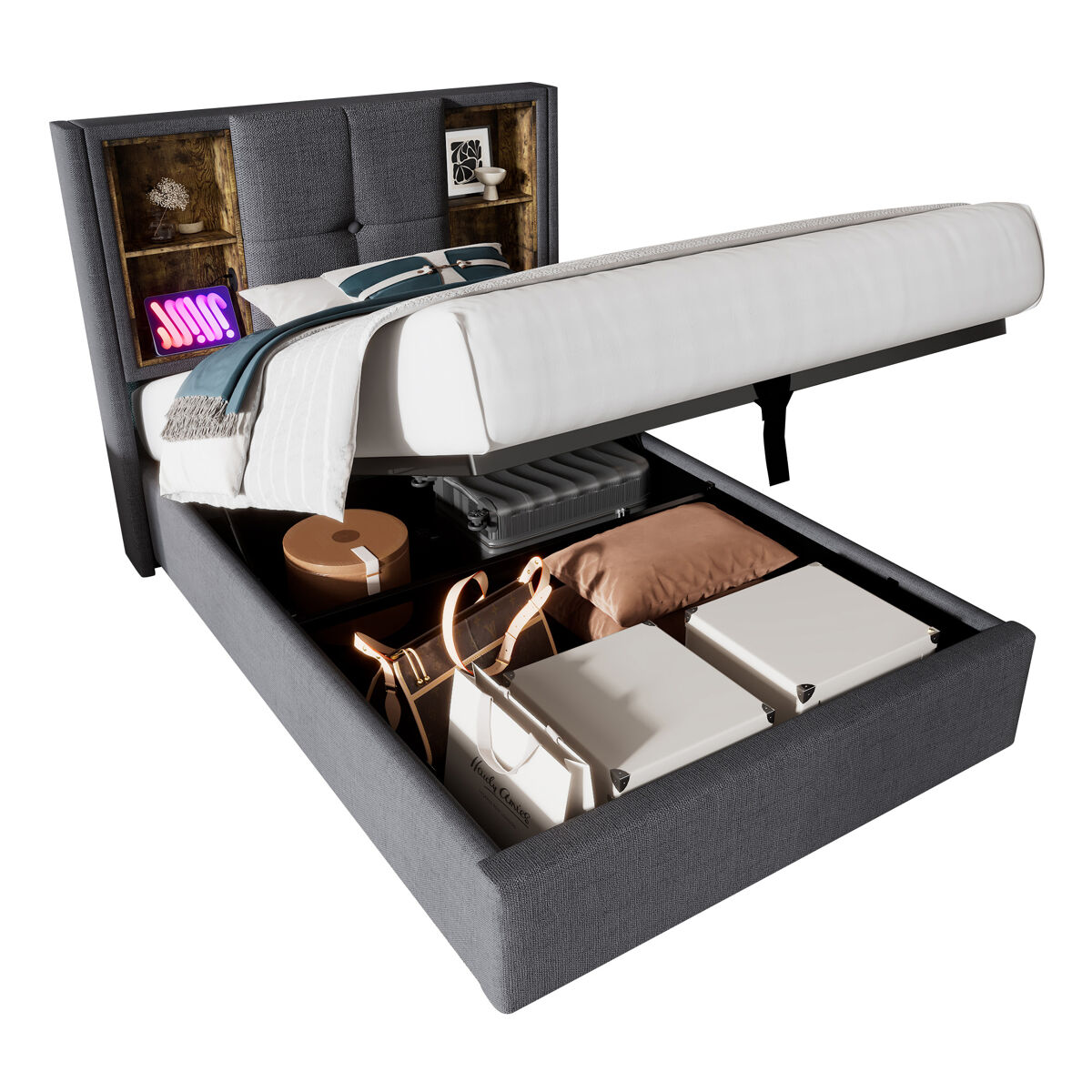 Cama de solteiro de algodão 90x200cm com armazenamento,cinzento