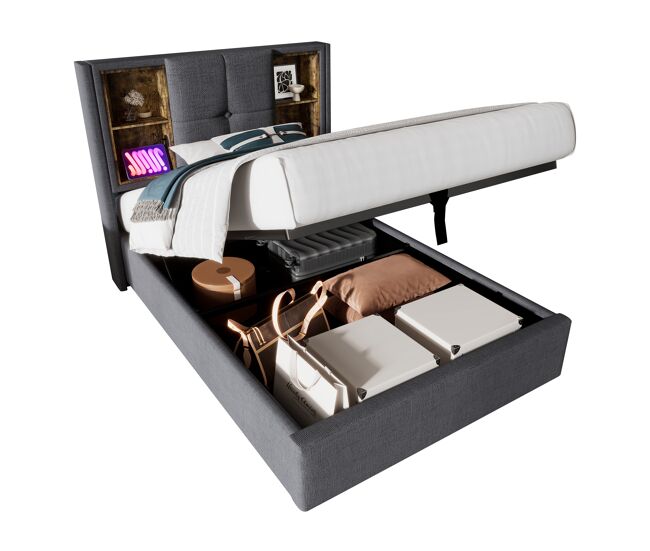 Cama de solteiro de algodão 90x200cm com armazenamento,cinzento