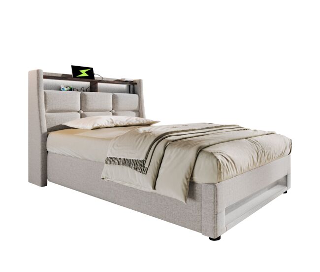 Cama de solteiro de linho 90x200cm com armazenamento,luz led,bege