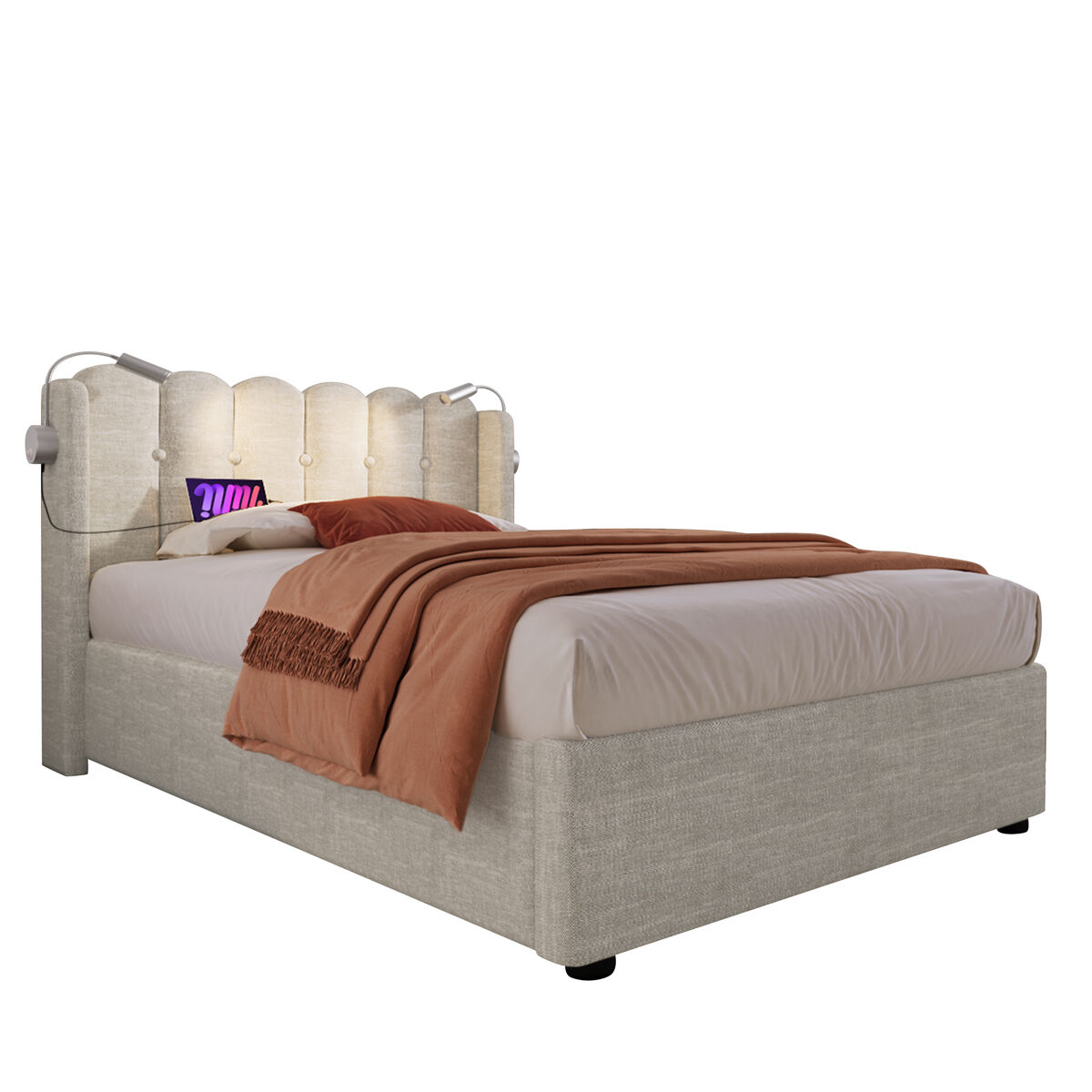 Cama de solteiro de linho 90x200cm com armazenamento,bege
