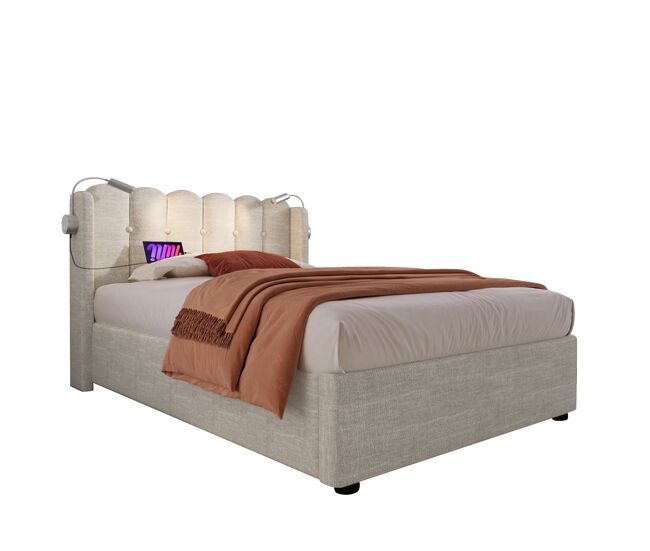 Cama de solteiro de linho 90x200cm com armazenamento,bege