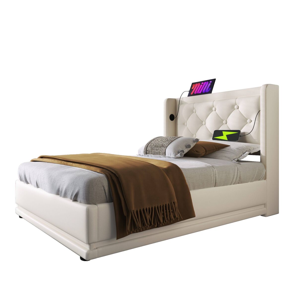 Cama de solteiro de poliuretano 90x200cm com armazenamento,luz led,branco
