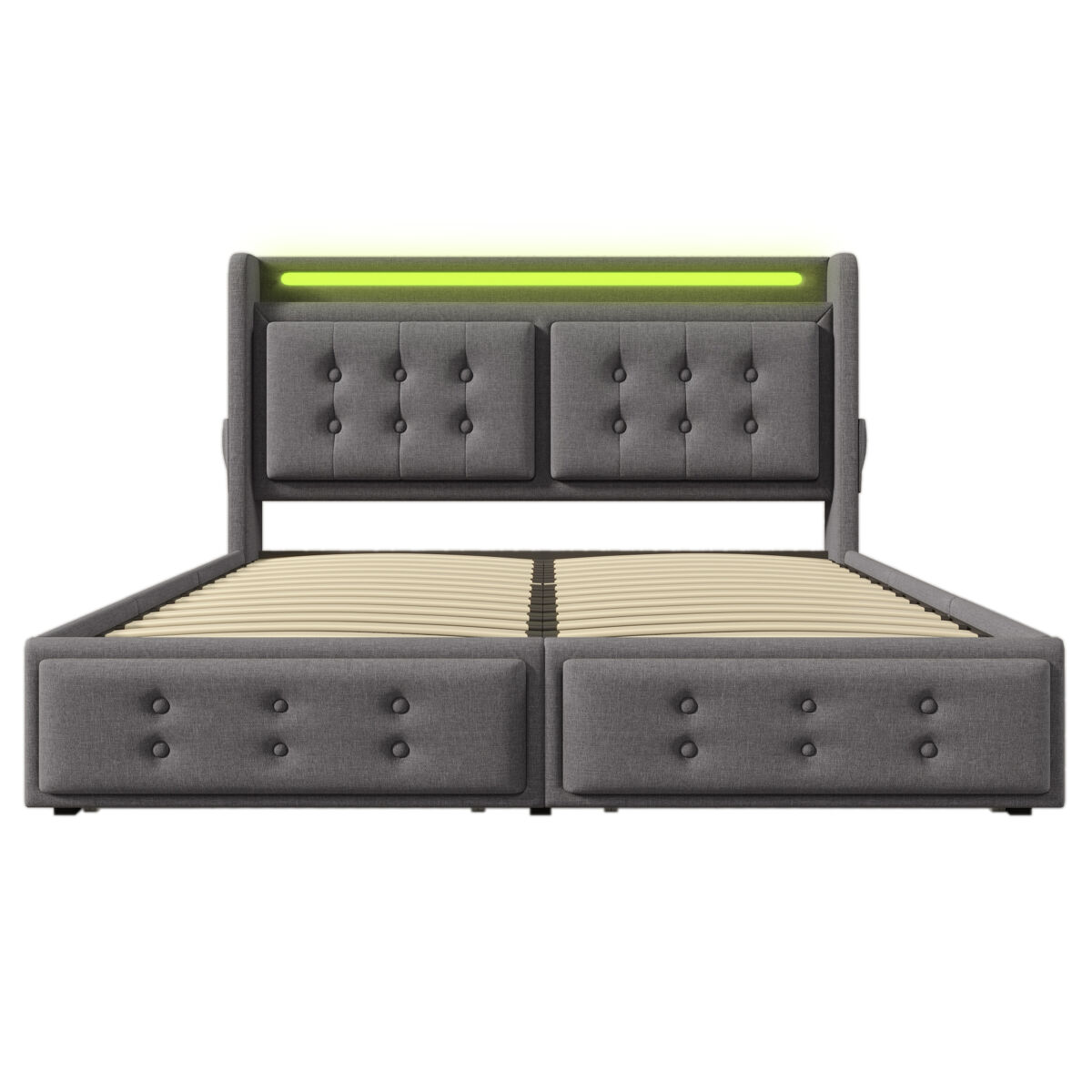 Cama de adulto 140x200cm em tecido de linho - com led e portas de carregamento - 4 gavetas - cinzento