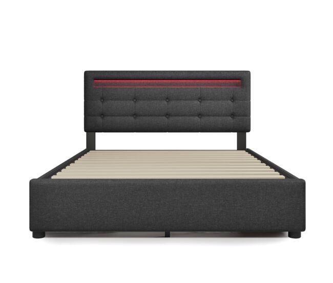 Cama contentora para roupa de cama 140x200 cm com led + 2 gavetas + estrado - cinzento