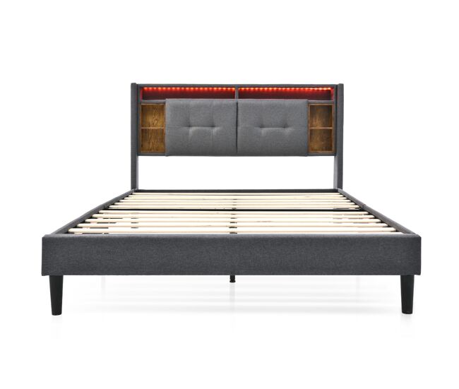 Cama de casal estofada em linho 140x200cm com led e porta de carregamento usb - estrado - cinzento